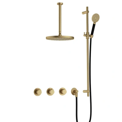 Afbeelding van Hotbath Cobber Regendoucheset IBS70 Geborsteld Messing Ronde handdouche 20cm Hoofddouche 30cm Plafondbuis Handouche met glijstang