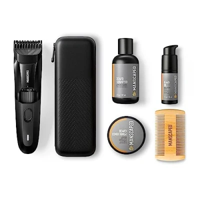 Afbeelding van De geavanceerde MANSCAPED® The Beard Hedger® set bevat onze precisietrimmer voor baard en snor, hydraterende shampoo conditioner, olie kam gezichtshaar