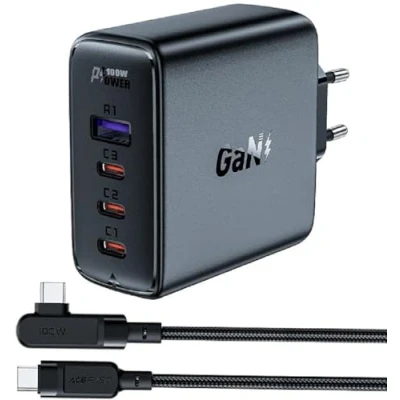 Afbeelding van Acefast snelle GaN lader 3xUSB C/1xUSB A 100W zwart + haakse kabel USB C 2m