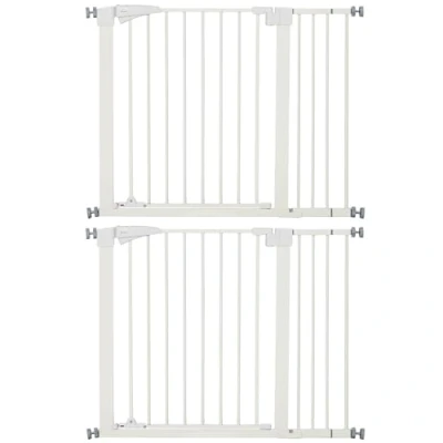 Afbeelding van PawHut 2 stuks veiligheidshekken voor honden, dieren, zonder boren, met automatische sluiting, dubbele vergrendeling, bediening één hand, breedte 76 103 cm, wit