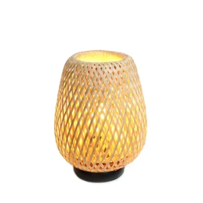 Afbeelding van Alpinaluz Rustieke Scandinavische tafellamp met lampenkap van natuurlijk rotan en bamboevezel, basis zwart aluminium, ideaal voor woonkamer, nachtkastje, hoofdeinde