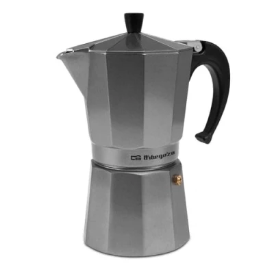 Afbeelding van Orbegozo KFS 920 Italiaans koffiezetapparaat van aluminium, 9 kopjes inhoud, zilverkleurig, ergonomische handgreep, veiligheidsventiel, afneembaar filter