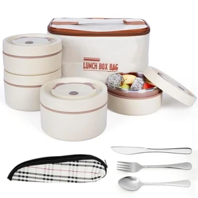 Afbeelding van Belle Vous 5 Piece Portable Insulated Lunch Container Set with Cutlery 4 Stainless Steel Leakproof Stackable Food Bento Boxes Thermal Bag Box for Adults/Students Biege