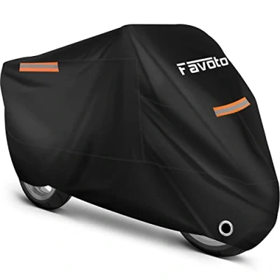 Image de Favoto Housse de protection imperméable pour moto d&#039;extérieur en tissu Oxford 210T résistant aux rayures et à la chaleur, toutes saisons avec réflecteur nuit trous verrouillage