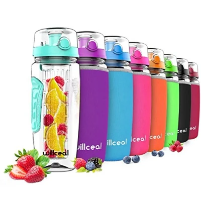 Afbeelding van willceal Waterfles met fruitinzetstuk, 0,95 l, van Tritan, BPA vrij, klapdeksel, lekvrij, geschikt voor sport en camping, blauwgroen