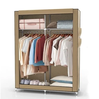 Afbeelding van Intirilife opvouwbare garderobekast 108x170x45 cm in CRÈME BEIGE Vouwkast met ritssluiting Stoffen kledingroede, vakken en zijvak kampeergarderobekast van textiel