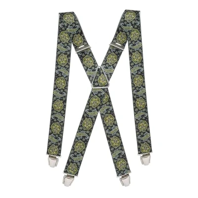 Afbeelding van Pierrot Brede premium vintage bretels voor heren, gemaakt in Frankrijk, versterkt elastiek en 4 extra sterke X clips, maat verstelbaar tot 130 cm, handgemaakt, Groen kasjmier geel