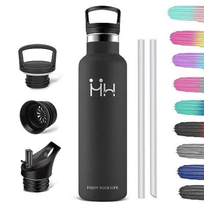 Image de HoneyHolly Bouteille isotherme, 1 l, sans BPA, en acier inoxydable, anti fuite, double paroi, avec paille, convient pour les boissons gazeuses