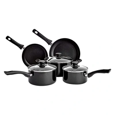 Afbeelding van Amazon Basics 5 delig inductiekookgerei met antiaanbaklaag, pannen, potten en braadpan + deksel, zwart