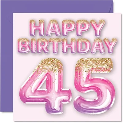 Afbeelding van Verjaardagskaart voor vrouwen 45 jaar, roze en paarse glitterballonnen, verjaardagskaarten vrouwen, moeder, neef, vriendin, zus, tante, 145 mm x mm,