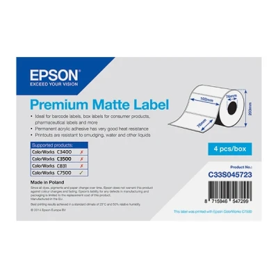 Image de Epson Premium Mat adhésif permanent en acrylique 102 x 76 mm 6280 étiquette(s) (4 rouleau(x) 1570) Étiquettes forme découpée pour ColorWorks C7500, C7500G, CW C6000Ae, C6000Pe, TM C7500