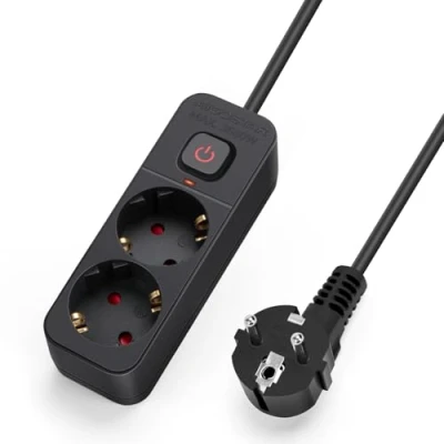Afbeelding van Aigostar Stekkerdoos met 2 stopcontacten, verlenging van 5 m, kabel en schakelaar kinderbeveiliging, zwart, Duits stopcontact