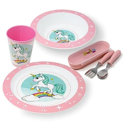 Afbeelding van damaloo Lunchset voor kinderen, eenhoorn, kom, kopje, bestek, kinderborden, servies ontbijt, lunch en diner, herbruikbaar BPA vrij