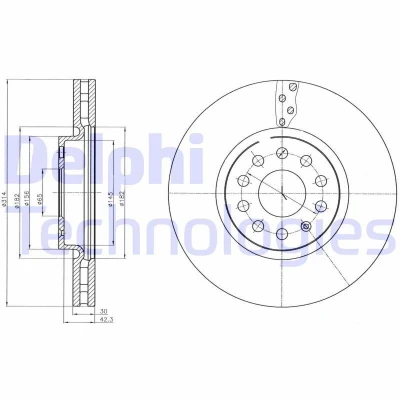 Afbeelding van DELPHI BG4330C Remschijf 314 30 5 Geventileerd Gecoat High carbon Zonder wiellager, ABS sensorring VOLKSWAGEN: Tiguan II, Sharan II