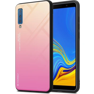 Afbeelding van Cadorabo Hoesje geschikt voor Samsung Galaxy A7 2018 in GEEL ROZE Tweekleurige beschermhoes van TPU silicone Case Cover en achterzijde gehard glas