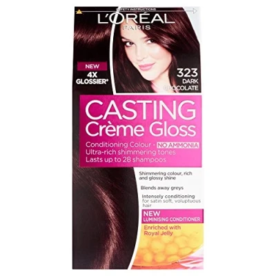 Afbeelding van L&#039;Oréal Paris Casting Cream Gloss 323 verpakking met 3 flacons donkere chocolade