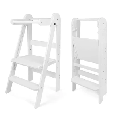 Afbeelding van 509 Lofty Opvouwbare leertoren, keukenhulp voor kinderen, Montessori, opvouwbaar, praktisch opslag, 3 verstelbare hoogtes, kleur: wit