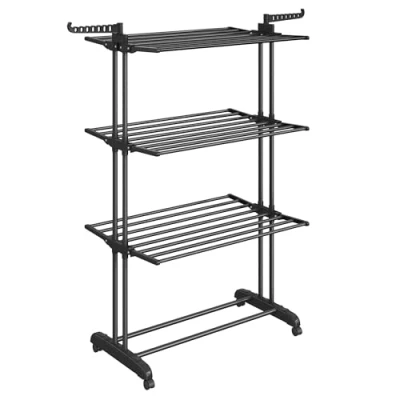 Afbeelding van SONGMICS LLR701B01 Droogrek met 4 niveaus, inklapbare vleugels, wielen, 63,5 x 128 173 cm, groot, eenvoudig te monteren, voor binnen en buiten, inktzwart