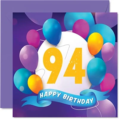 Afbeelding van verjaardagskaart voor de 94e verjaardag mannen en vrouwen ballonparty opa, oma, papa, mama, 145 mm x