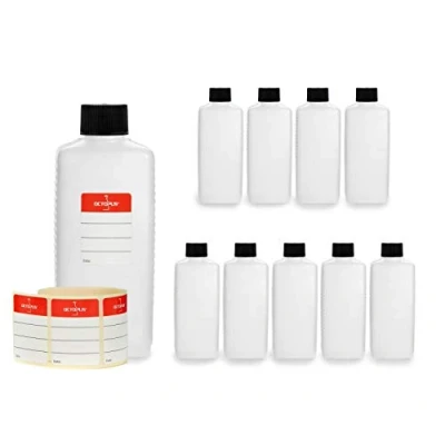 Afbeelding van Octopus Plastic flessen, 10 x 250 ml, PE HD kunststof flessen met zwarte schroefdop, lege vierkante etiketten inbegrepen