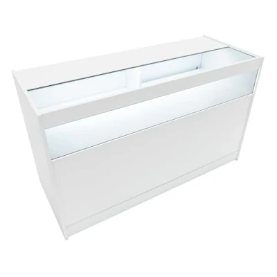 Afbeelding van Comptoir de Vente en MDF Blanc LED Blancs Intégrés B1500 3 Étagères Portes Coulissantes Verouillables Rangement Commerciale Vitrine Verre Acceuil Réception Bureau Vêtements Bijoux [2 Clés INCLUS]
