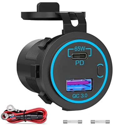 Afbeelding van Nieuwe 65 W USB C Auto Oplader Socket 12V voor Laptops: PD 65W en QC3.0 18W aansluiting Inbouwbaar met Waterdichte Voedingsschakelaar Snel Opladen Vrachtwagen, Boot, Motorfiets