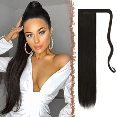 Afbeelding van FESHFEN Paardestaart, haarstuk, lange stijve haarverlenging, synthetisch paardenstaart, haarverlenging voor vrouwen, donkerbruin, 60 cm