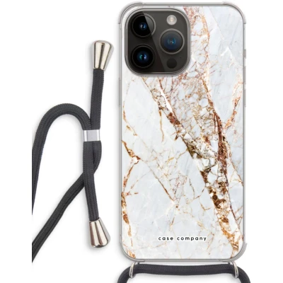 Afbeelding van Case Company® hoesje met Koord geschikt voor iPhone 14 Pro Max Goud marmer Telefoonhoesje Zwart Extra Bescherming aan alle Kanten en Over de Schermrand