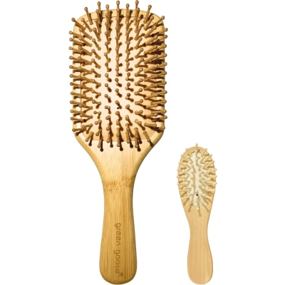 Afbeelding van 2 x natuurlijke haarborstel van bamboe, milieuvriendelijke borstel met haren voor natuurlijk mooi haar, mannen, vrouwen en kinderen, 100% veganistisch (2 stuks multifunctionele borstel)