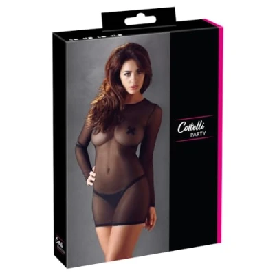Afbeelding van Cottelli Collection Sexy Powernet Mini Jurk Doorschijnend met Lange Mouwen Uitzonderlijke Verleiding Maat M Zwart