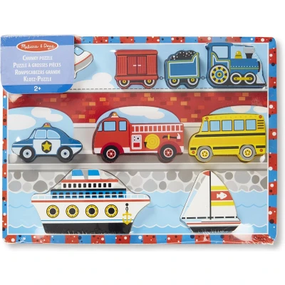Afbeelding van Melissa &amp; Doug Voertuigen Houten Chunky Puzzel Vliegtuig, Trein, Auto&#039;s en Boten (9 stuks)
