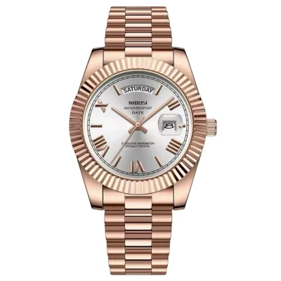Afbeelding van Nibosi Polshorloge Heren Cadeau Horloge Geschenkdoos Mannen Rosé en Parelmoer Wit RVS