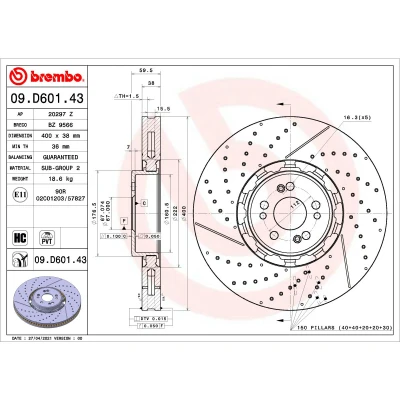 Afbeelding van BREMBO 09.D601.43 Remschijf 400 38 5 tweedelige remschijf, interne ventilatie, met sleuven/geperforeerd Gecoat High carbon MERCEDES BENZ: GLE