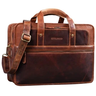 Afbeelding van STILORD &#039;Yves&#039; Leren Handdoek XL Heren voor Computer 15,6 Inch Grote Aktetas Schoudertas Professor Tas, Kara Cognac, koffer