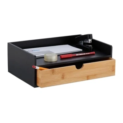 Afbeelding van Relaxdays bureau organizer, 1 lade, plank DIN A4, bamboe, 11 x 32 22 cm (h b d), zwart/naturel