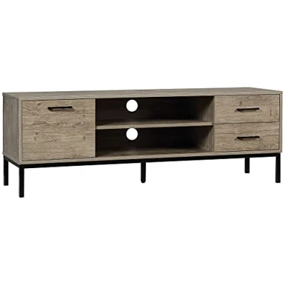 Afbeelding van HOMCOM tv meubel, hout, bank voor tot 50 inch, met kast, 2 laden, nissen, kabeldoorvoeringen woonkamer, eetkamer, slaapkamer, 132 x 39 45,5 cm