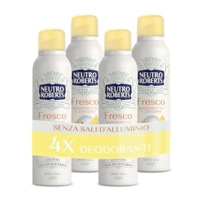 Afbeelding van Neutro Roberts Deodorantspray vers geel, bergamot en gember, geen aluminiumzouten, vlekken, met pure glycerineolie, mannen vrouwen, dermatologisch getest 48 uur 4 stuks van 150 ml