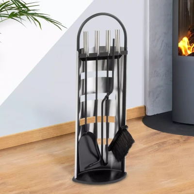 Image de Ensemble serviteur de cheminée noir inox 5 éléments pelle balai tisonnier pince avec support