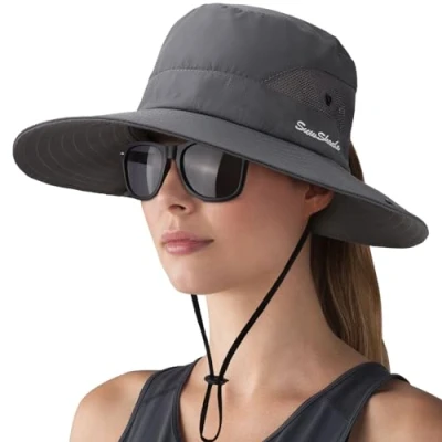 Afbeelding van DRESHOW Vrouw Zonnehoed Outdoor UV bescherming Hoed Opvouwbare Brede Rand Paardenvissen Staart UPF 50+, 1 set: donkergrijs + Eyebril Eyeglass Case, Eén maat