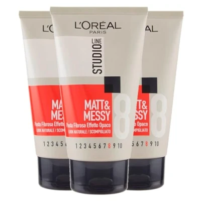 Afbeelding van L&#039;Oréal Paris Studio Line Matt&amp;Messy Vezelpasta, mat effect, wilde look, 8 ultra sterk, 3 flessen van 150 ml