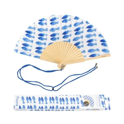 Afbeelding van Fisura Originele waaier met print, modieuze en kleurrijke houten waaier, geschenkwaaier, hangende 42,5 x 23 cm, vissen, blauw, 4 1,5 Blauwe vis