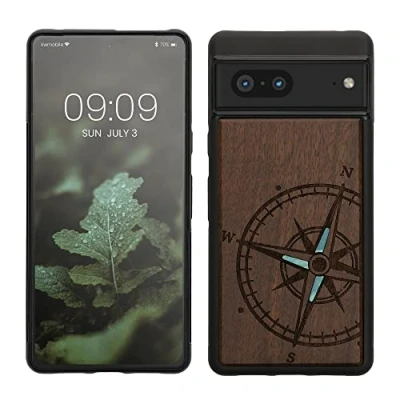 Afbeelding van kwmobile telefoonhoesje geschikt voorGoogle Pixel 7 Hoesje met bumper walnoothout In donkerbruin Parelmoer kompas design