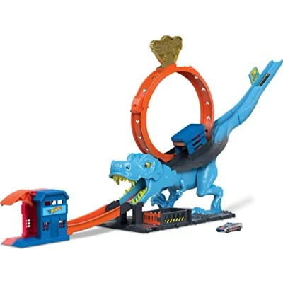 Afbeelding van Hot Wheels City T Rex Attack Set met 1 auto, race door een grote looping om de te verslaan, stuntbaan en race, speelgoed voor kinderen, vanaf 4 jaar, HNP77