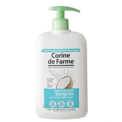 Afbeelding van Corine de Farme Overvette douchecrème met kokosextract pH neutraal, natuurlijke oorsprong dermatologische controle gemaakt 100% in Frankrijk 750 ml