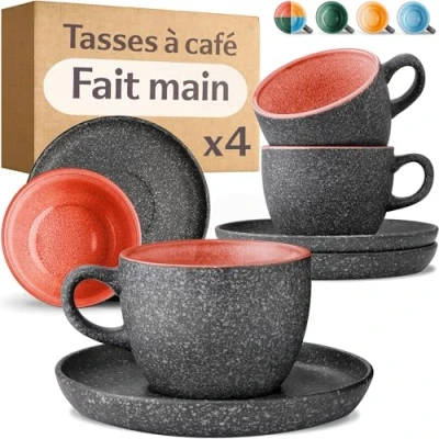 Afbeelding van Cosumy Cappuccinokopjes, set van 4 keramische kopjes met schoteltjes, 200 ml, reactief glazuur, handgemaakt, houdt de warmte langer vast (rood)