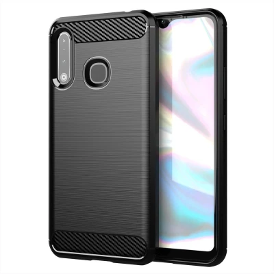 Afbeelding van Cadorabo Hoesje geschikt voor Samsung Galaxy A70e in Brushed Zwart Beschermhoes van flexibel TPU siliconen roestvrij staal carbonvezel look Case Cover