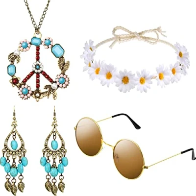 Afbeelding van Hicarer hippie kostuumset met bestratingsaccessoires, inclusief zonnebril, haarband, halsketting hanger en oorbellen voor een blikvanger op het feest, polyester