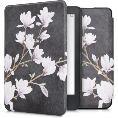 Afbeelding van kwmobile E reader hoesje geschikt voor Kobo Clara HD hoes flip case met magnetische sluiting Ereader cover Magnolia design in taupe / wit donkergrijs