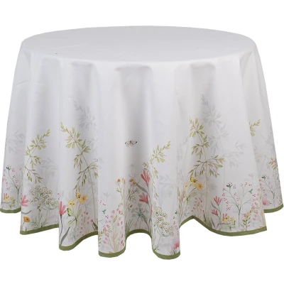 Afbeelding van Clayre &amp; Eef Tafelkleed Ø 170 cm Wit Katoen Rond Bloemen Tafellaken