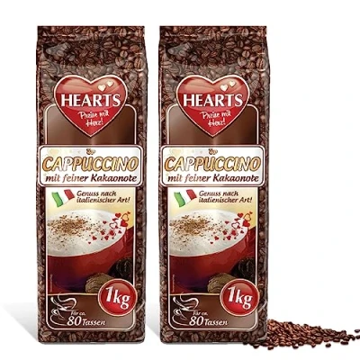 Afbeelding van Hearts Cappuccino met fijne cacaonoot, set van 2 (2 x 1 kg) intens, melkachtig en romig aroma, oplosbaar instant koffiepoeder, voldoende voor 160 kopjes